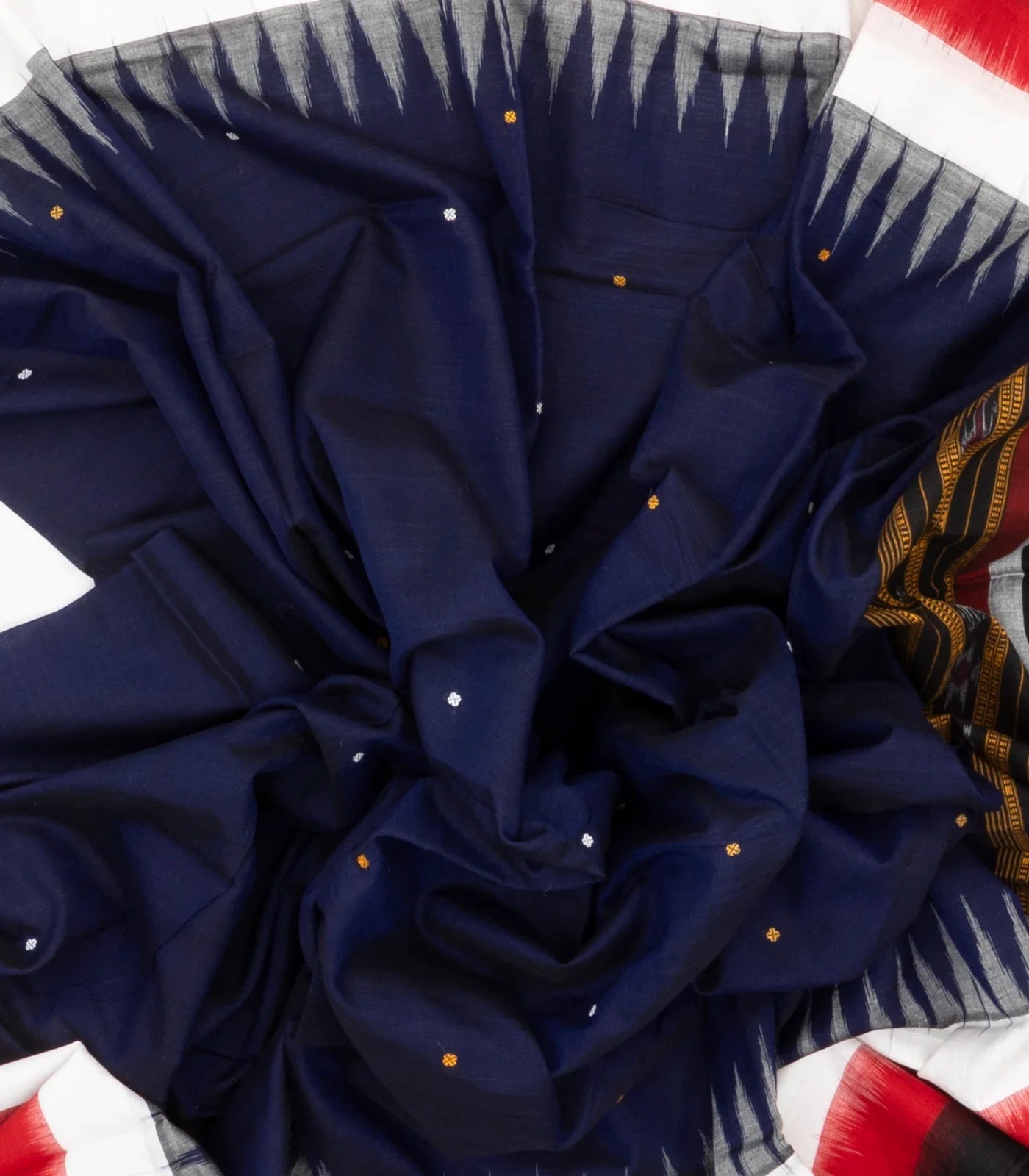 Midnight Blue Orissa Cotton Saree With Tie & Dye And Temple Border Motifs