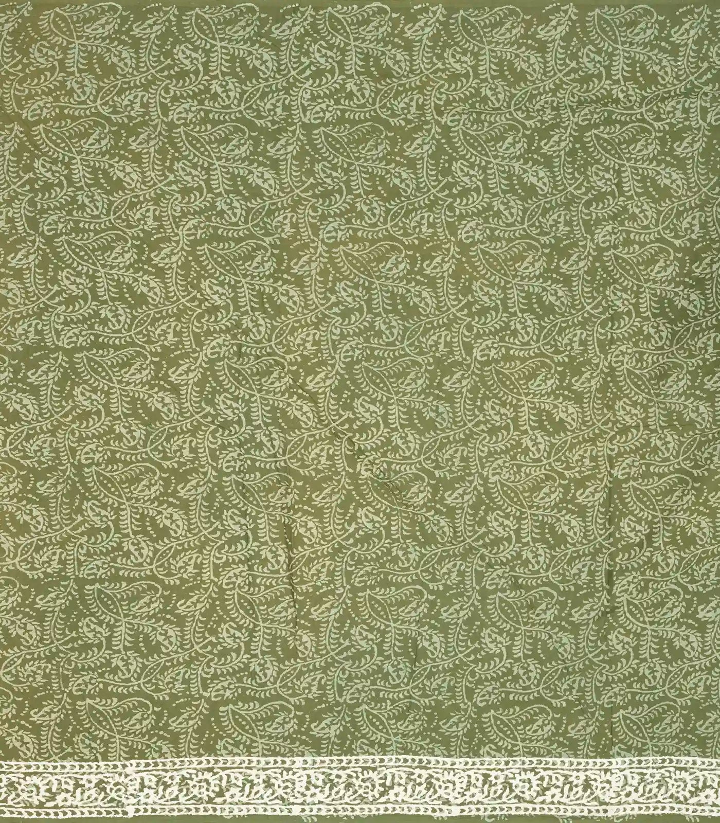 Sage Green Woven Jaipur Cotton Saree Printed With Cream Floral Motifs