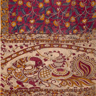 Pink Woven Kalamkari Kota Cotton Saree With Printed Floral Motifs
