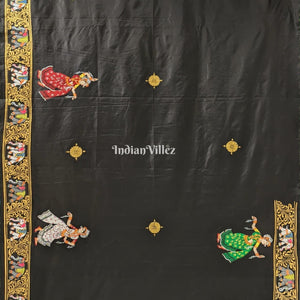 Black Kandarpa Hati (Elephant) Hand-Painted Pattachitra Saree