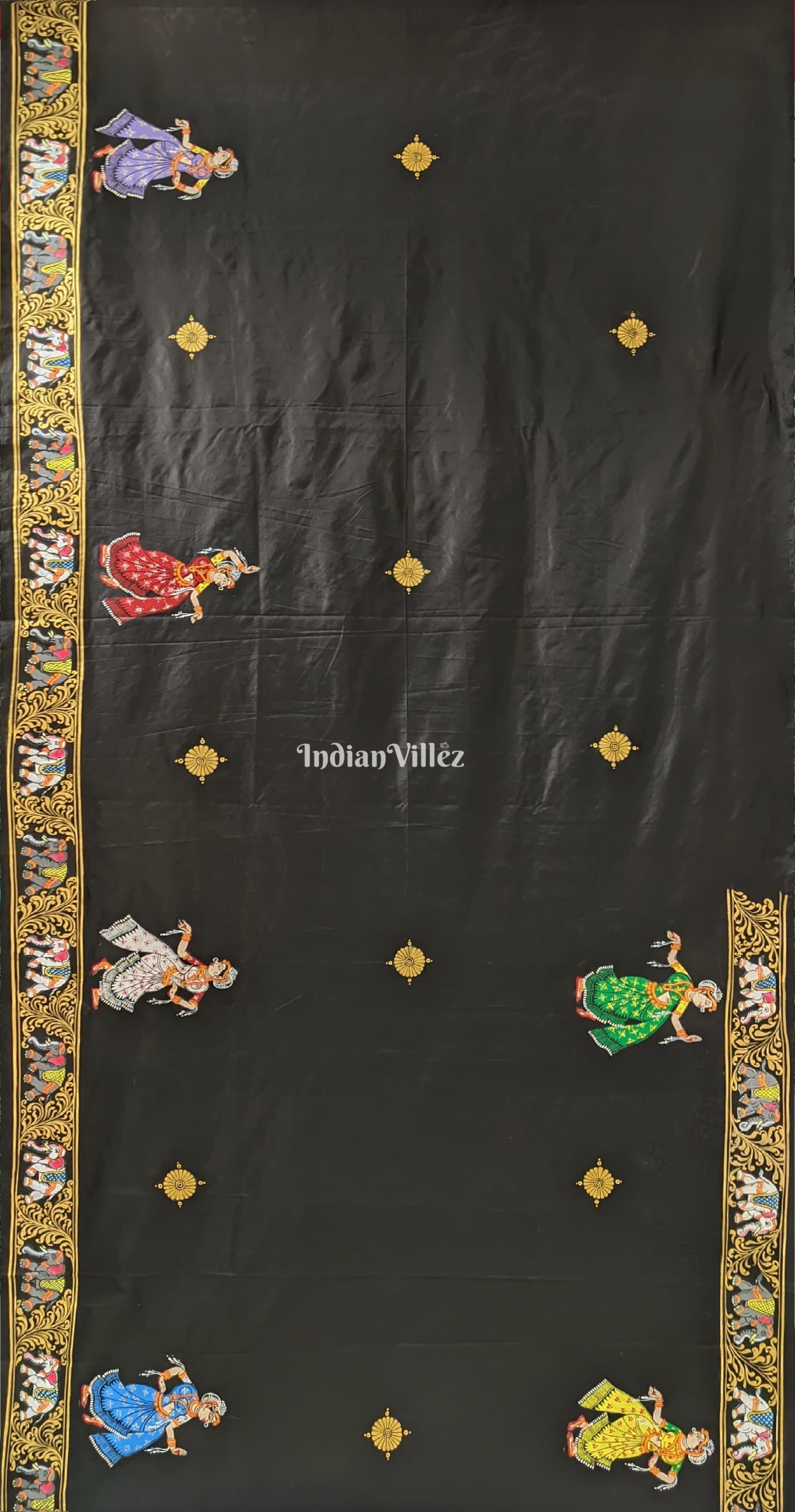 Black Kandarpa Hati (Elephant) Hand-Painted Pattachitra Saree