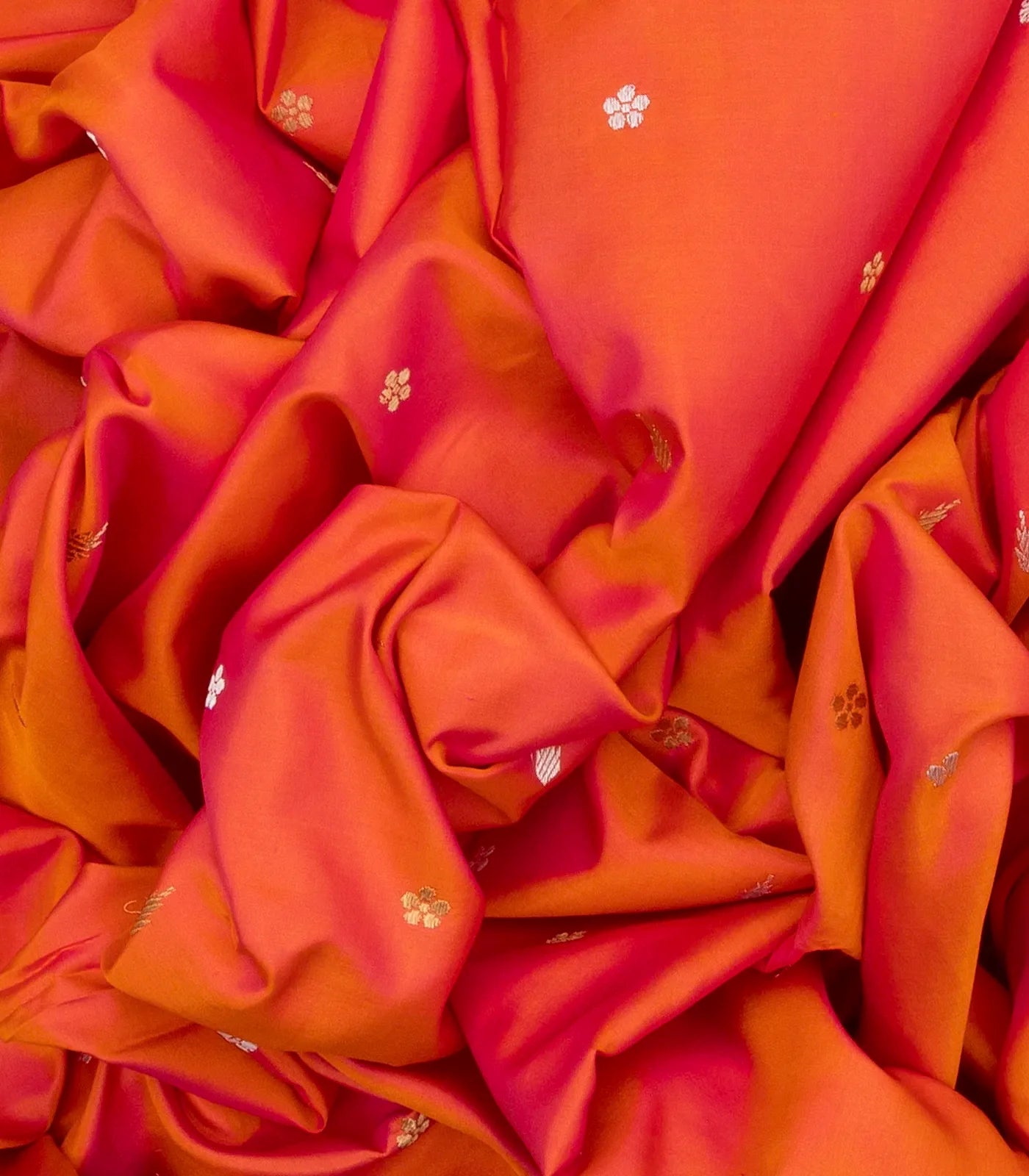 Orange Handwoven Banarasi Silk Saree With Floral Motif Buttas