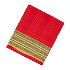 Red Handloom Kora Silk Saree With Checks & Beige Border
