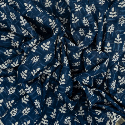 Indigo Woven Jaipur Cotton Saree With Printed Cream Floral Motifs