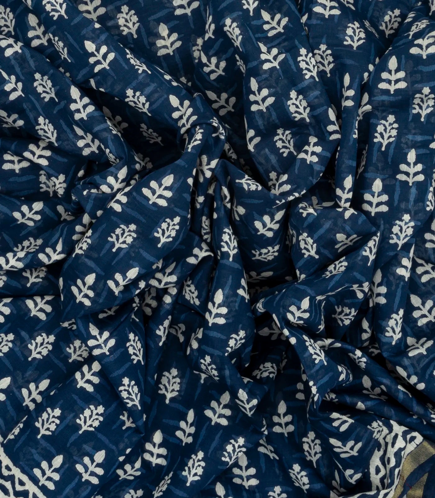Indigo Woven Jaipur Cotton Saree With Printed Cream Floral Motifs