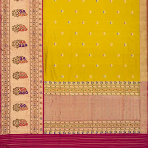 Mustard Handloom Banarasi Silk Saree With Meena Floral Buttas