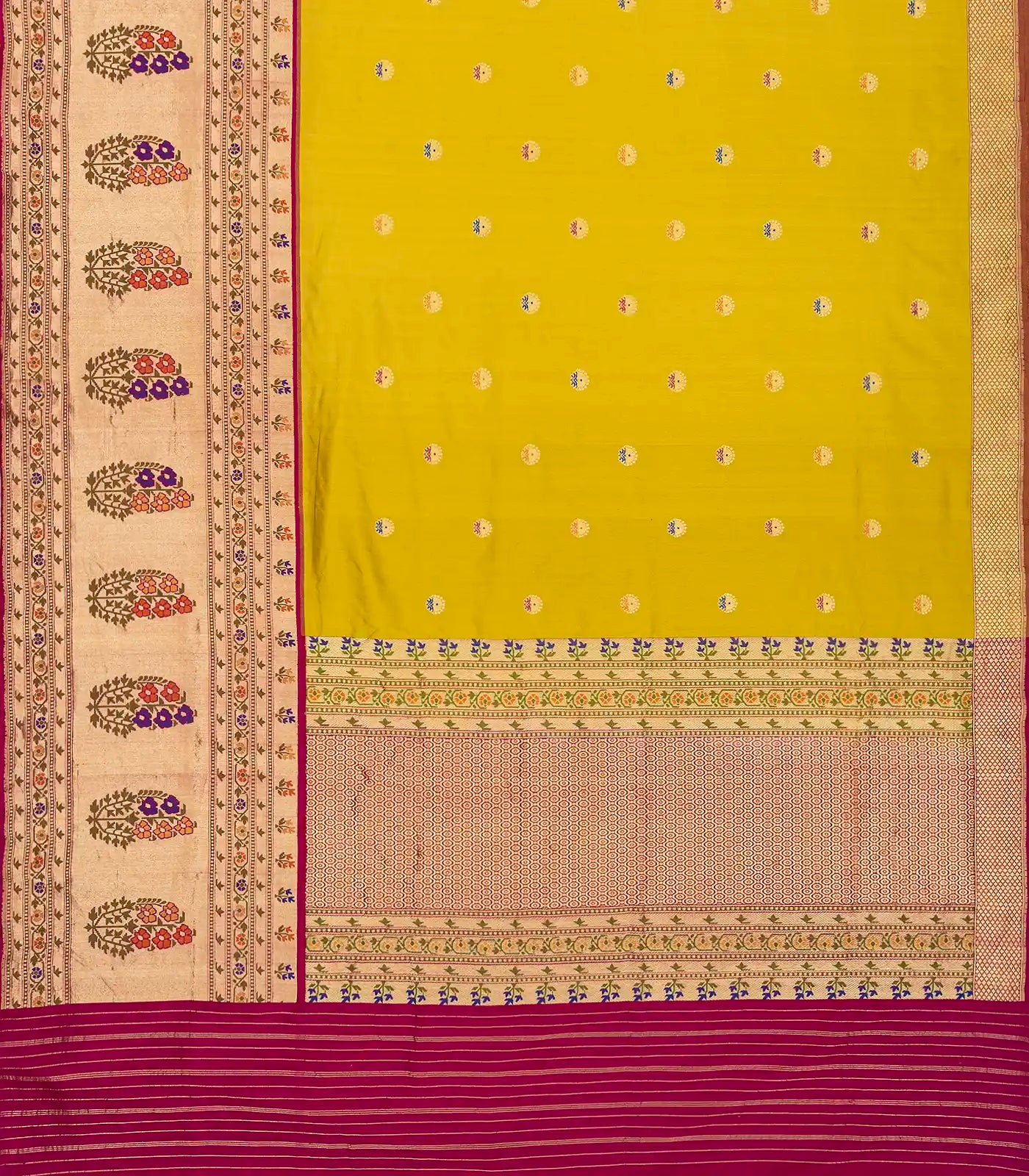 Mustard Handloom Banarasi Silk Saree With Meena Floral Buttas