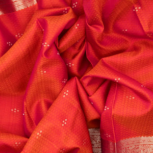 Dark Peach Silk Saree With Floral Motifs & Contrast Pallu