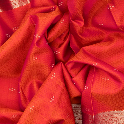 Dark Peach Silk Saree With Floral Motifs & Contrast Pallu