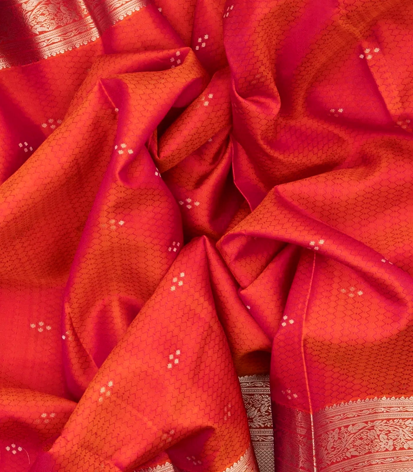 Dark Peach Silk Saree With Floral Motifs & Contrast Pallu