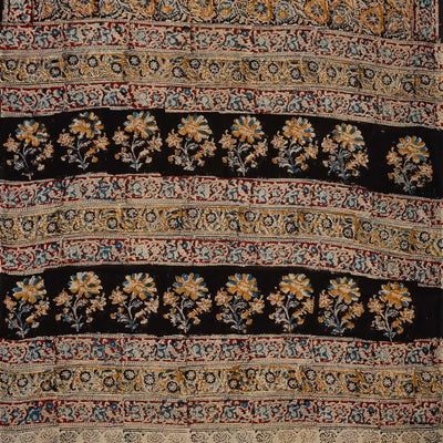 Black Handloom Kalamkari Cotton Saree With Printed Floral Motifs