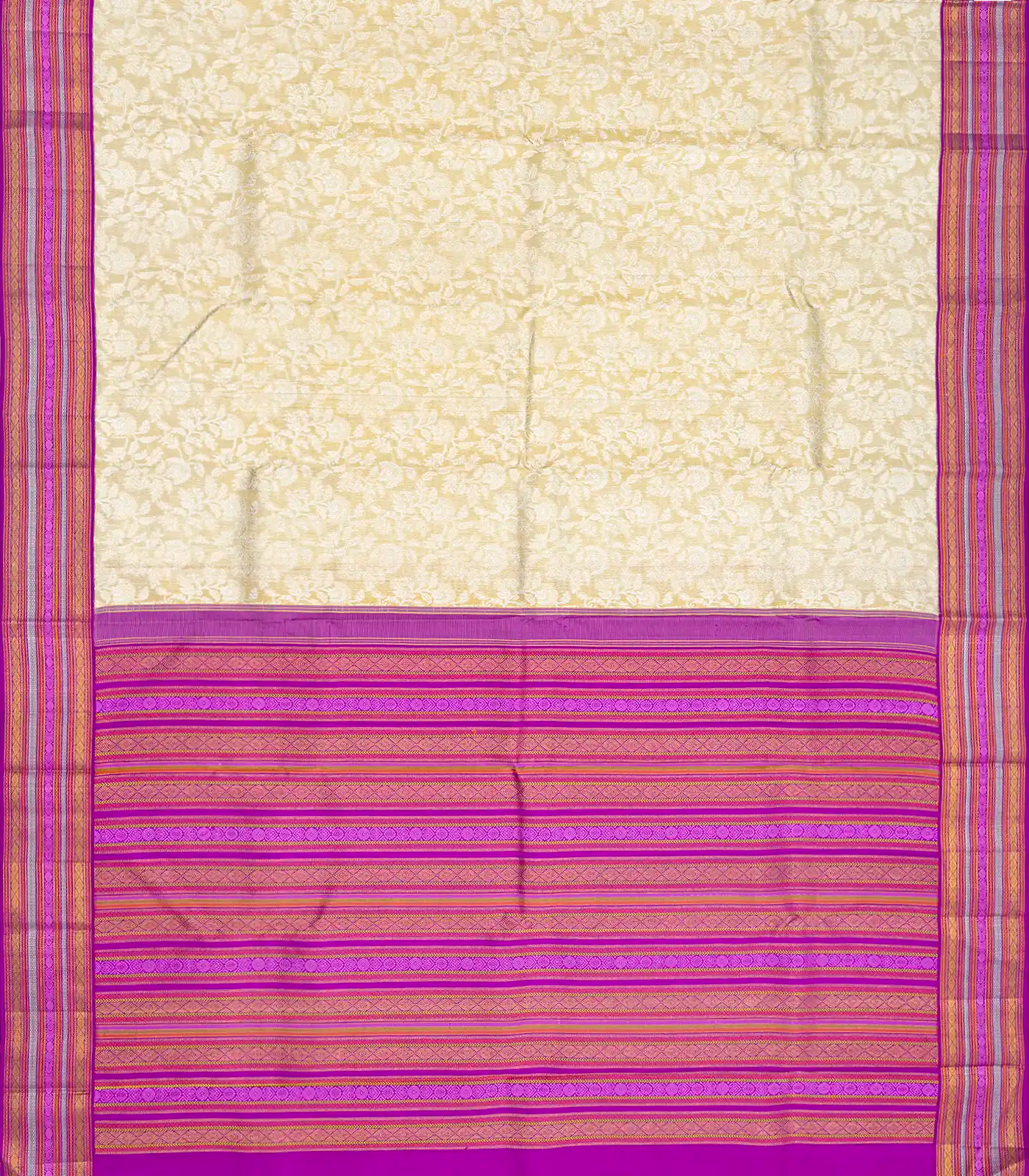 Cream Handloom Kanchipuram Korvai Tissue Silk Saree With Floral Motifs