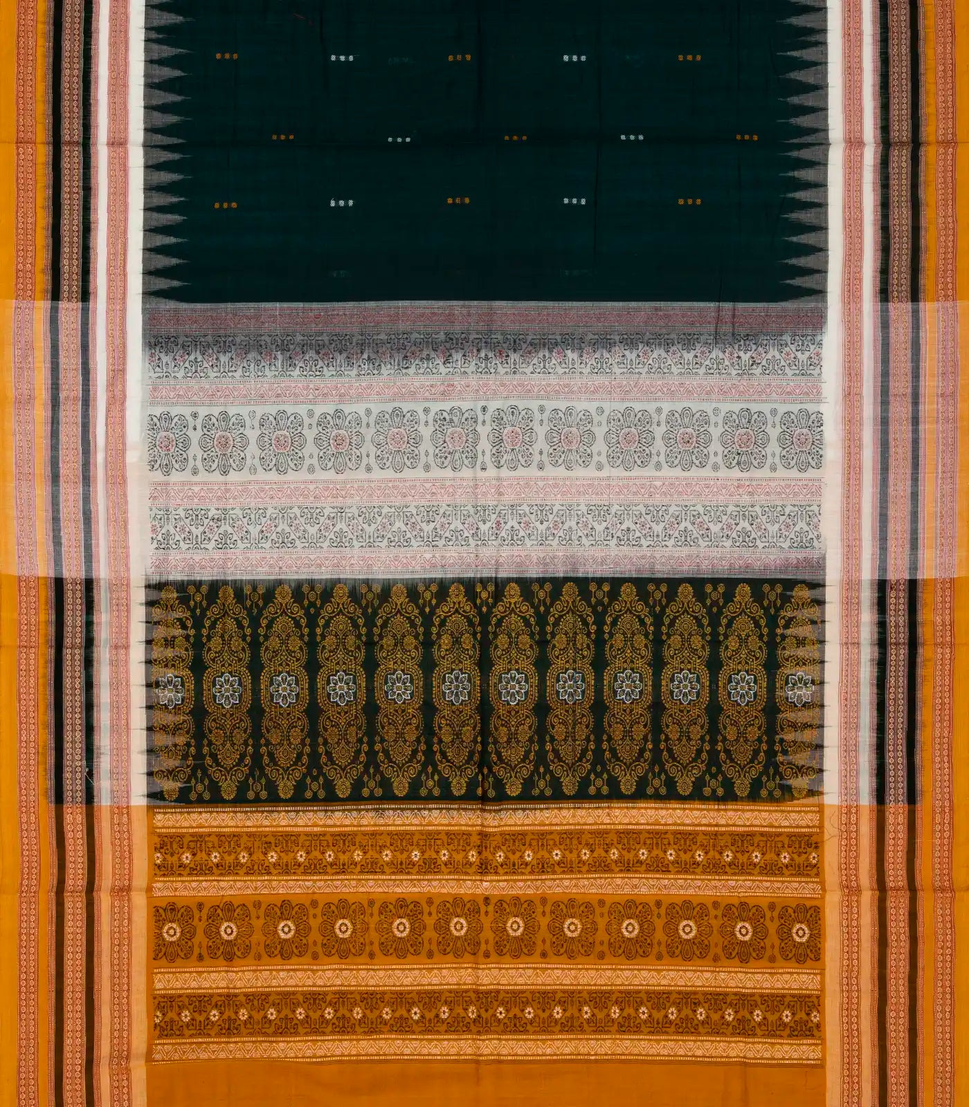 Bottle Green Handloom Orissa Cotton Saree With Button Buttas