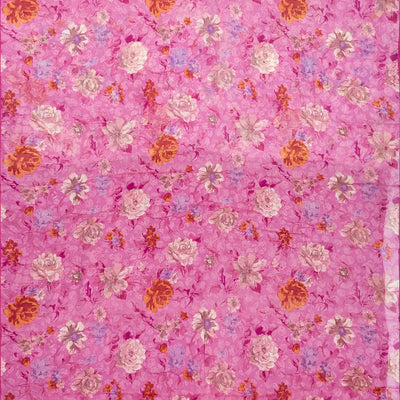Bubble-gum Pink Woven Digital Printed Chiffon Silk Saree With Floral Motifs