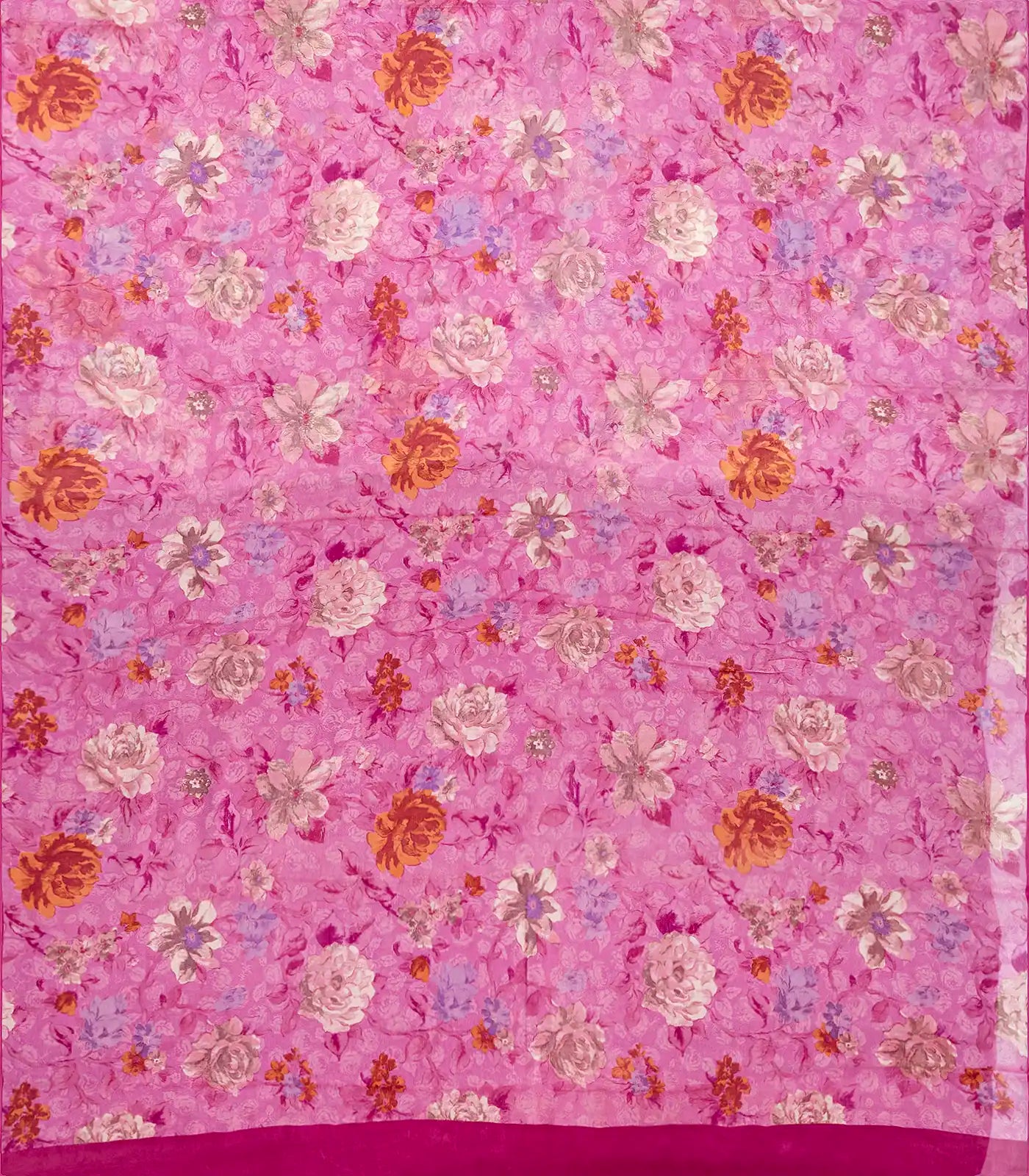 Bubble-gum Pink Woven Digital Printed Chiffon Silk Saree With Floral Motifs