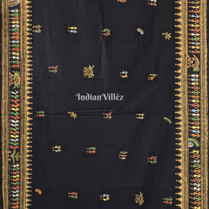 Black Tribal Themed Hand-Painted Pattachitra Saree