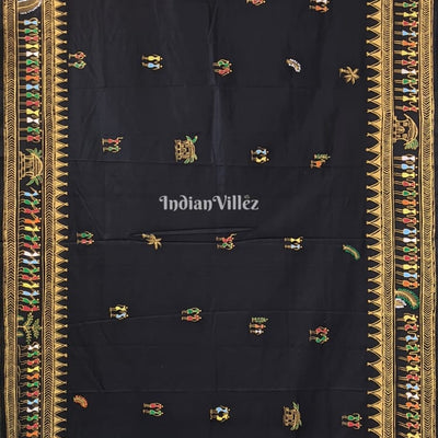 Black Tribal Themed Hand-Painted Pattachitra Saree