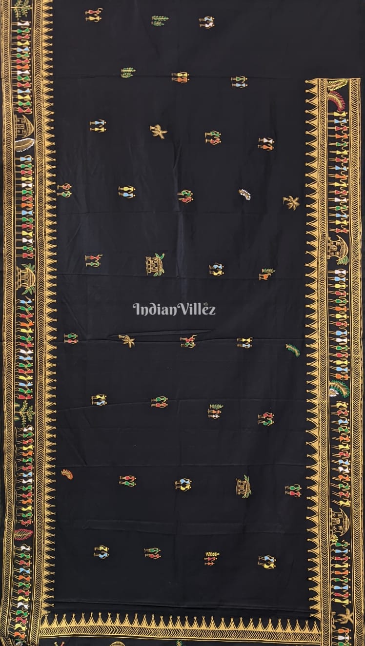 Black Tribal Themed Hand-Painted Pattachitra Saree