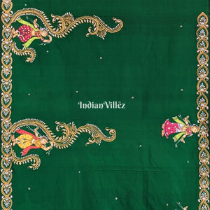 || रास || Green Krishna Rasa Lila Pattachitra Art Mulberry Silk Saree