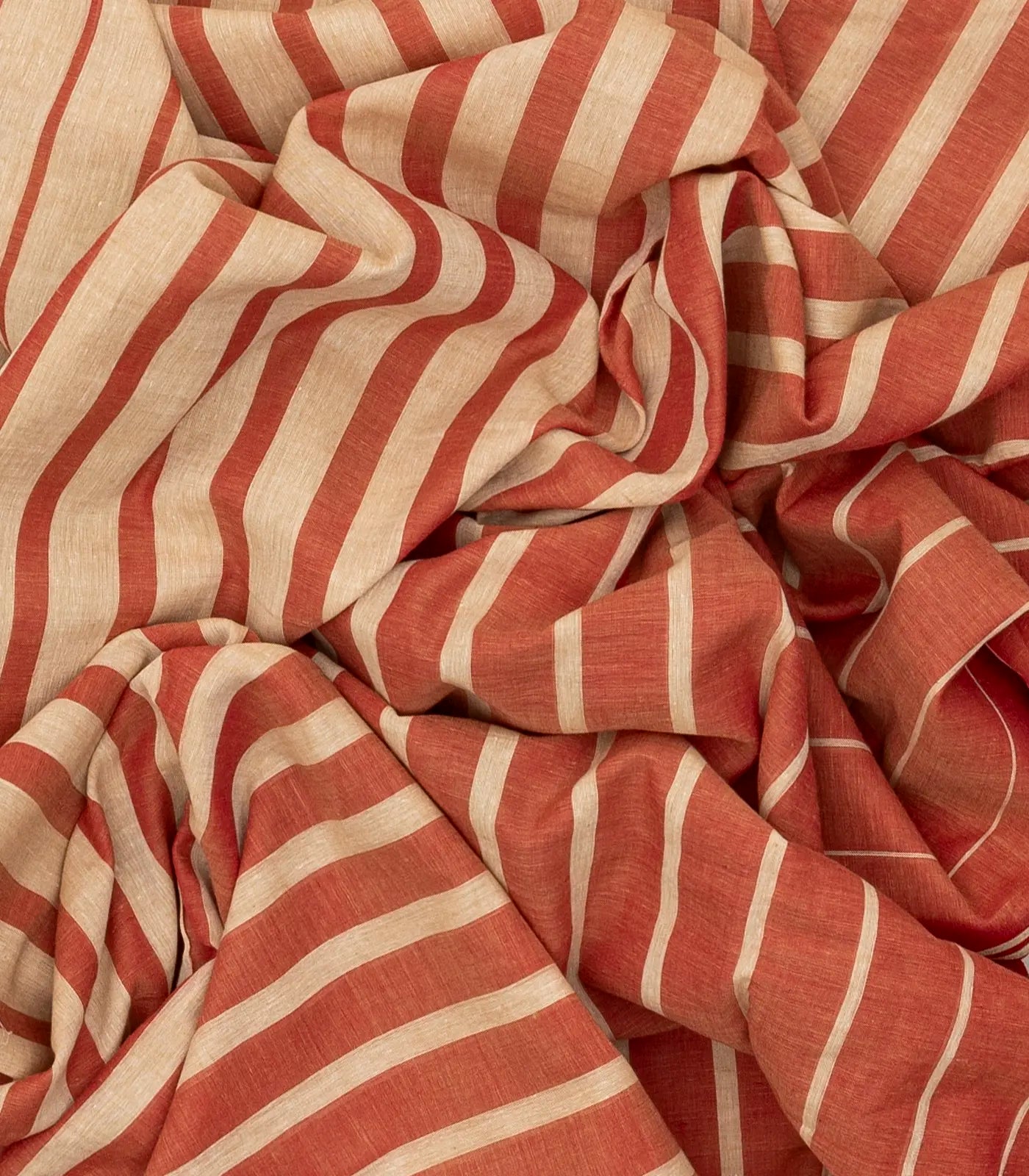 Rust Handloom Bengal Cotton Saree With Beige Stripes