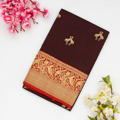 Maroon Handloom Banarasi Silk Saree With Bird Buttas