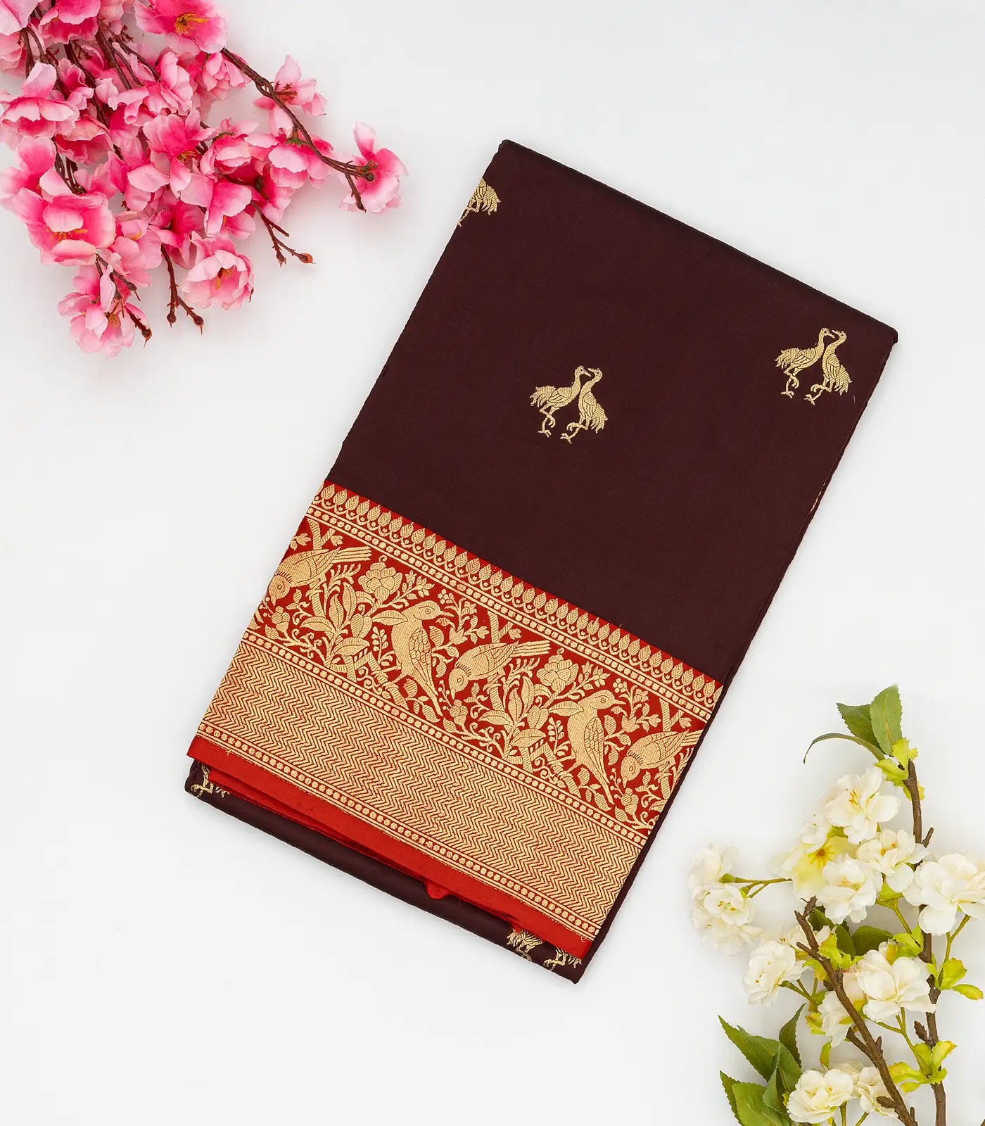 Maroon Handloom Banarasi Silk Saree With Bird Buttas