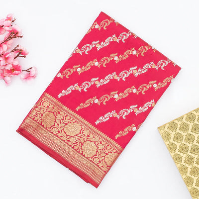 Hot Pink Handloom Banarasi Silk Saree With Gold & Silver Zari Motifs