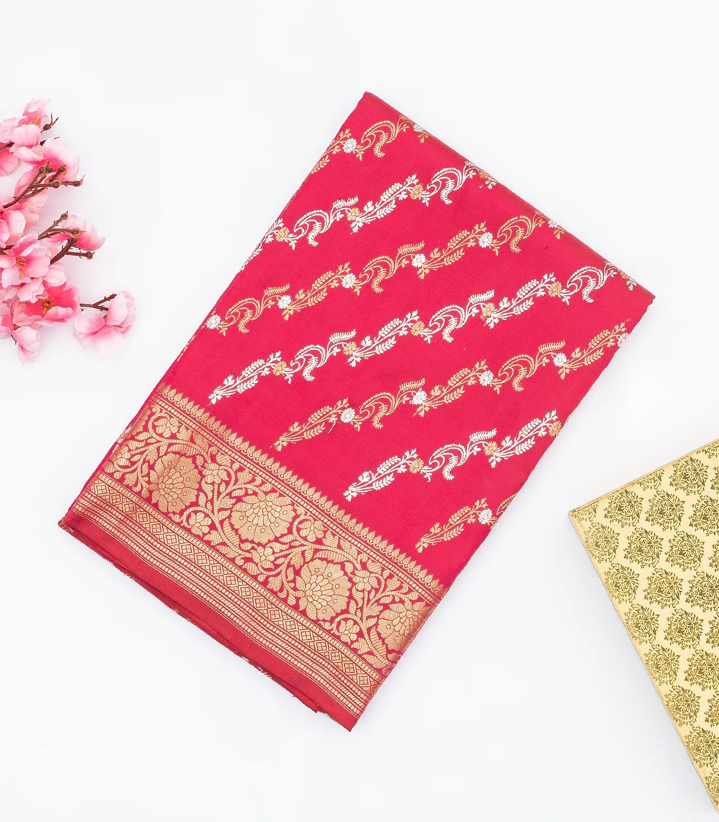 Hot Pink Handloom Banarasi Silk Saree With Gold & Silver Zari Motifs