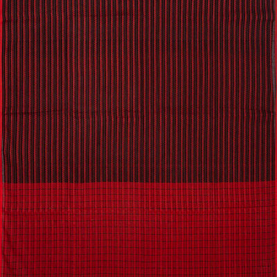 Black Handloom Bengal Cotton Saree With Red Stripes