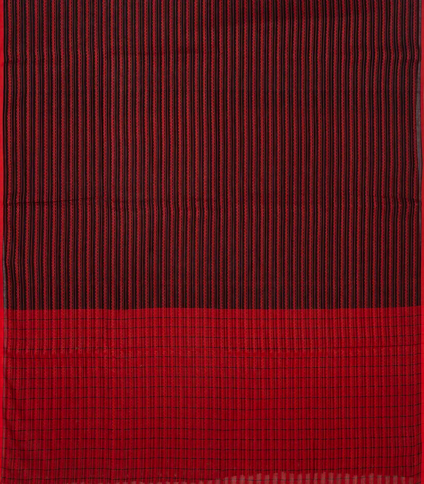 Black Handloom Bengal Cotton Saree With Red Stripes