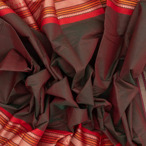 Brown Handloom Kanchi Cotton Saree With Contrast Border