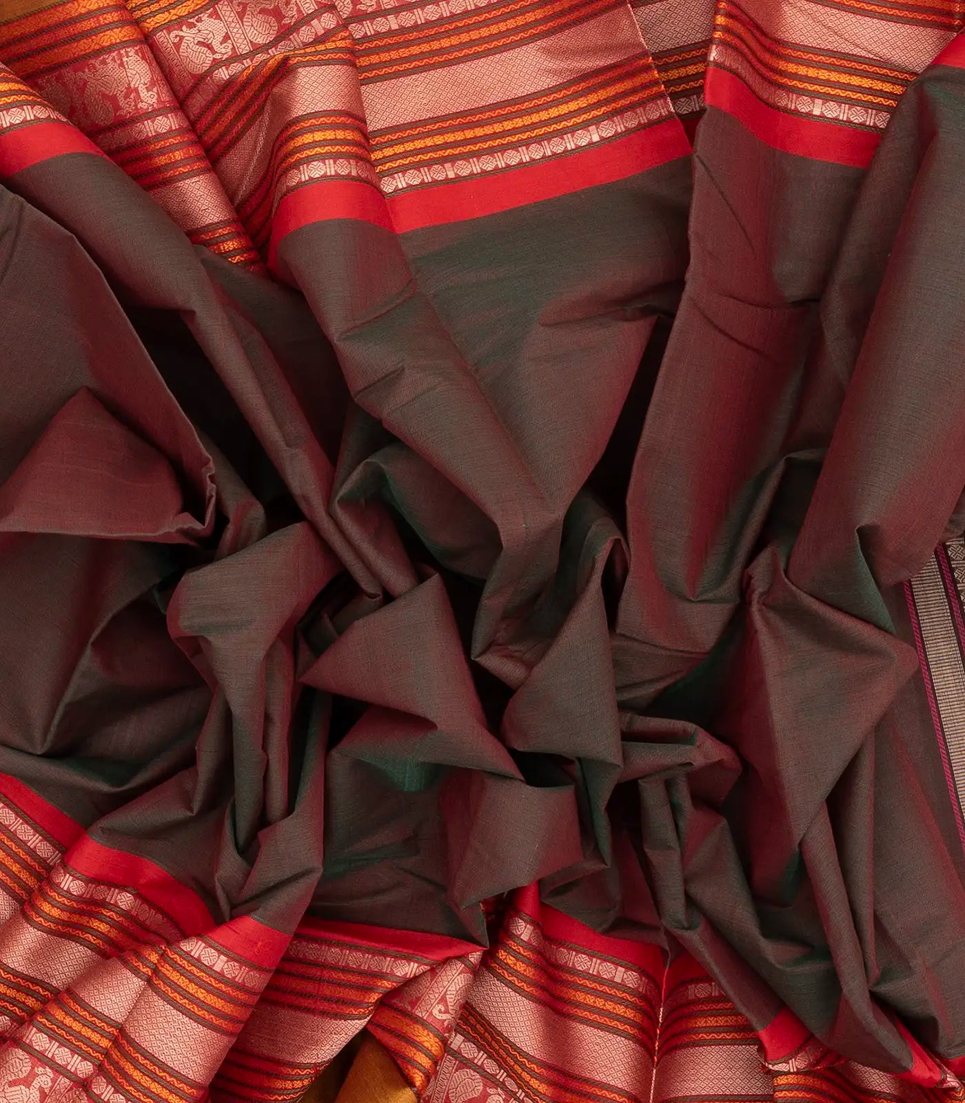 Brown Handloom Kanchi Cotton Saree With Contrast Border