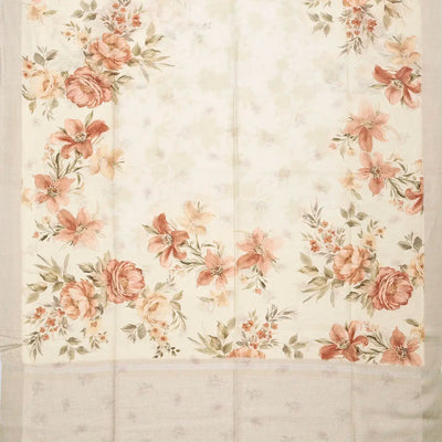 Taupe Handloom Linen Saree With Printed Floral Motifs