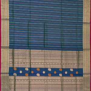Blue Handloom Silk Cotton Saree With Stripes & Zari Border