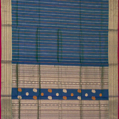 Blue Handloom Silk Cotton Saree With Stripes & Zari Border