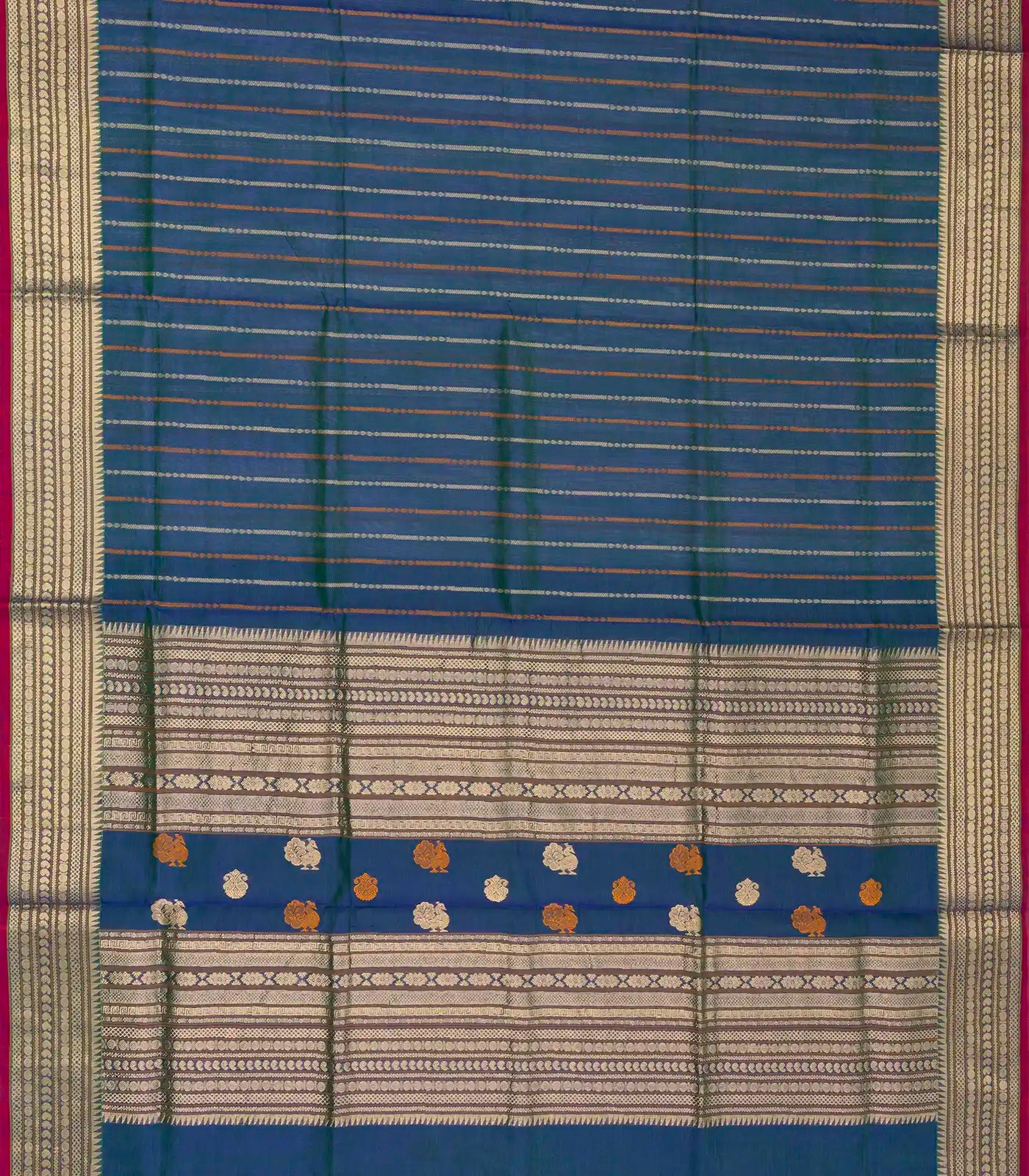 Blue Handloom Silk Cotton Saree With Stripes & Zari Border
