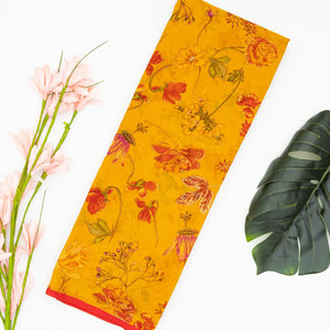 Mustard Woven Digital Printed Chiffon Silk Saree With Floral Motifs