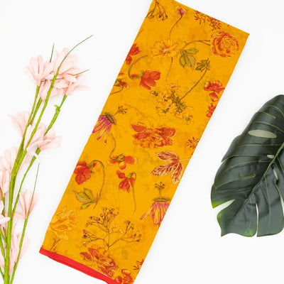 Mustard Woven Digital Printed Chiffon Silk Saree With Floral Motifs