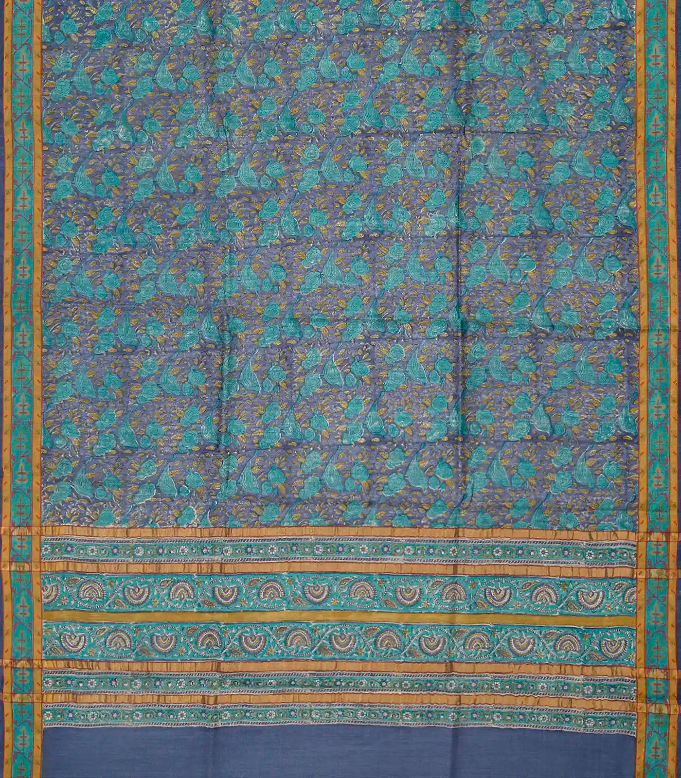 Dark Grey Woven Tussar Silk Saree Printed With Bird Motifs-Dark Grey