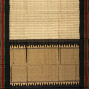 Beige Handloom Kora Silk Saree With Checks & Contrast Black Border