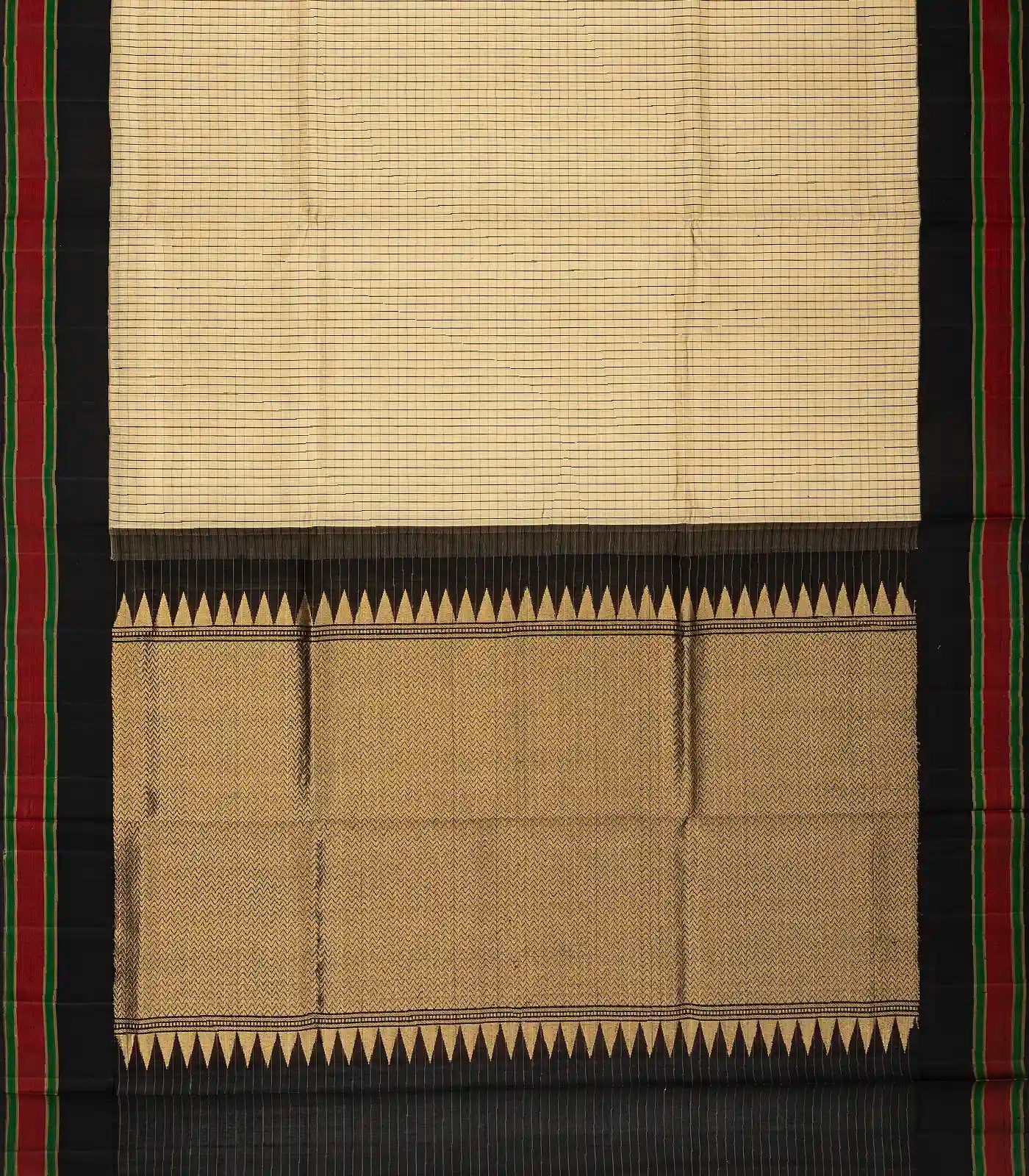 Beige Handloom Kora Silk Saree With Checks & Contrast Black Border