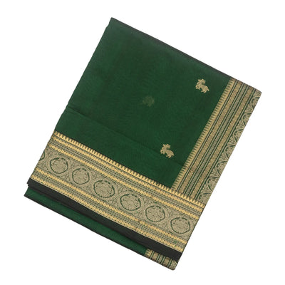 Dark Green Handloom Silk Cotton Saree With Maan (Deer) And Elephant (Yannai) Motifs