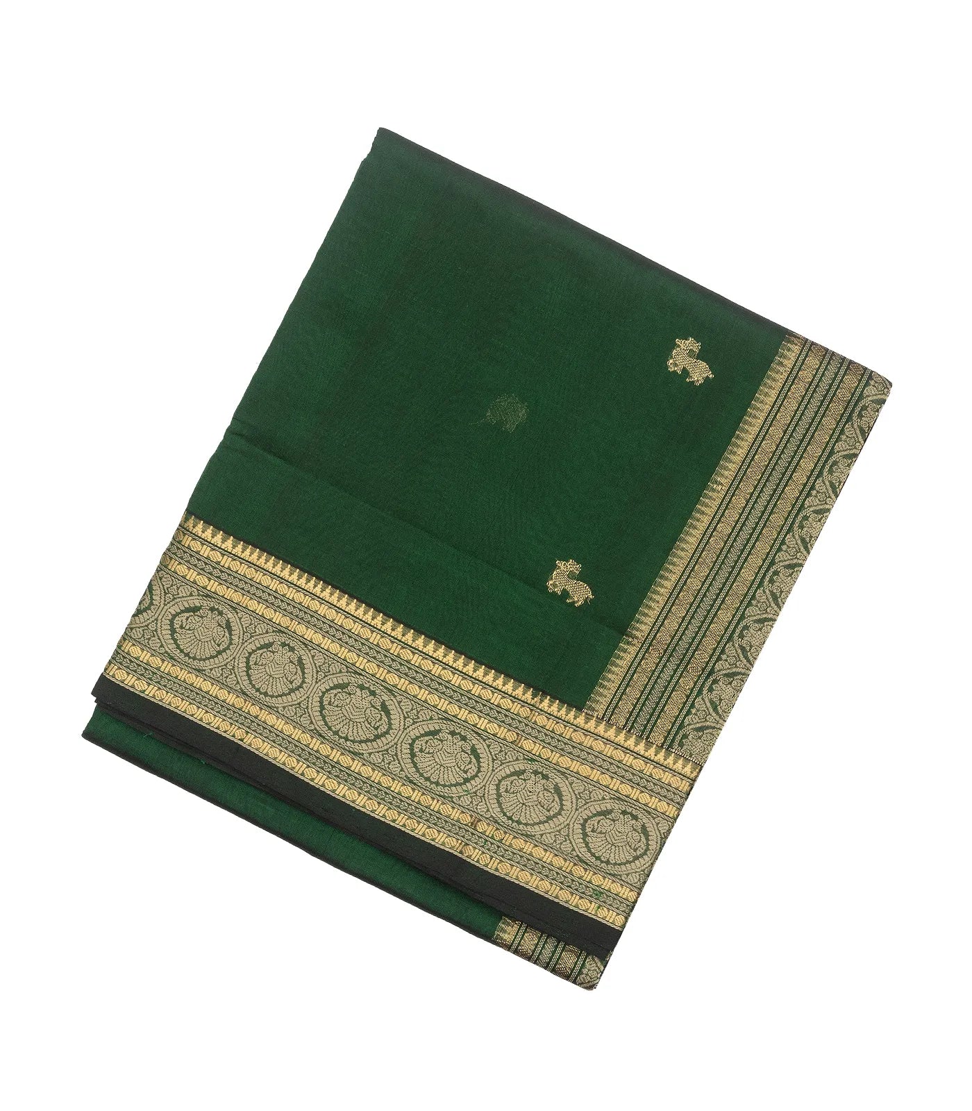 Dark Green Handloom Silk Cotton Saree With Maan (Deer) And Elephant (Yannai) Motifs