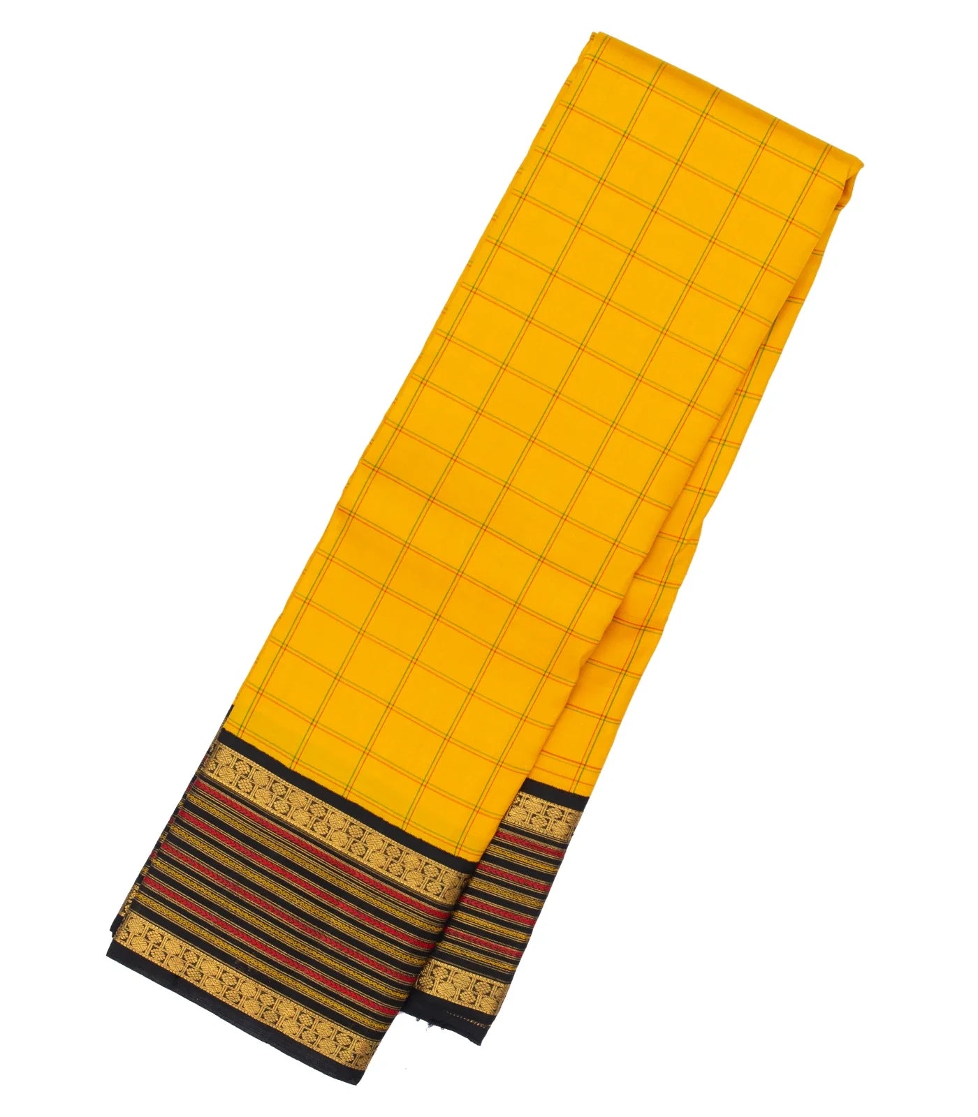 Yellow Handloom Kanchipuram Korvai Silk Saree With Meena Checks