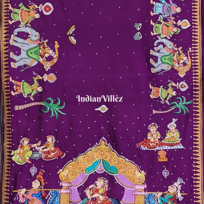 Purple Doli Barat Theme Hand-Painted Pattachitra Saree (Pre-order)