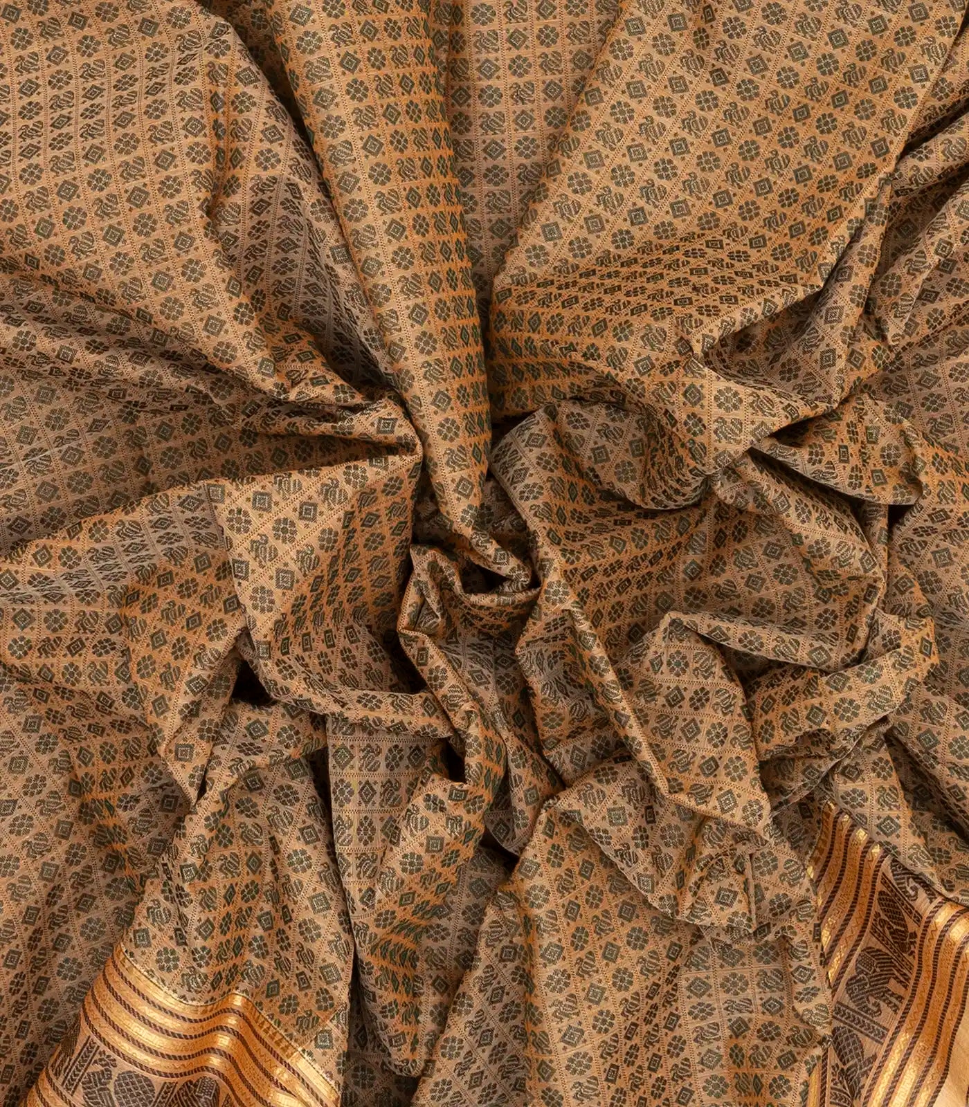 Taupe Handloom Kanchi Cotton Saree With Annam Chakaram Motifs