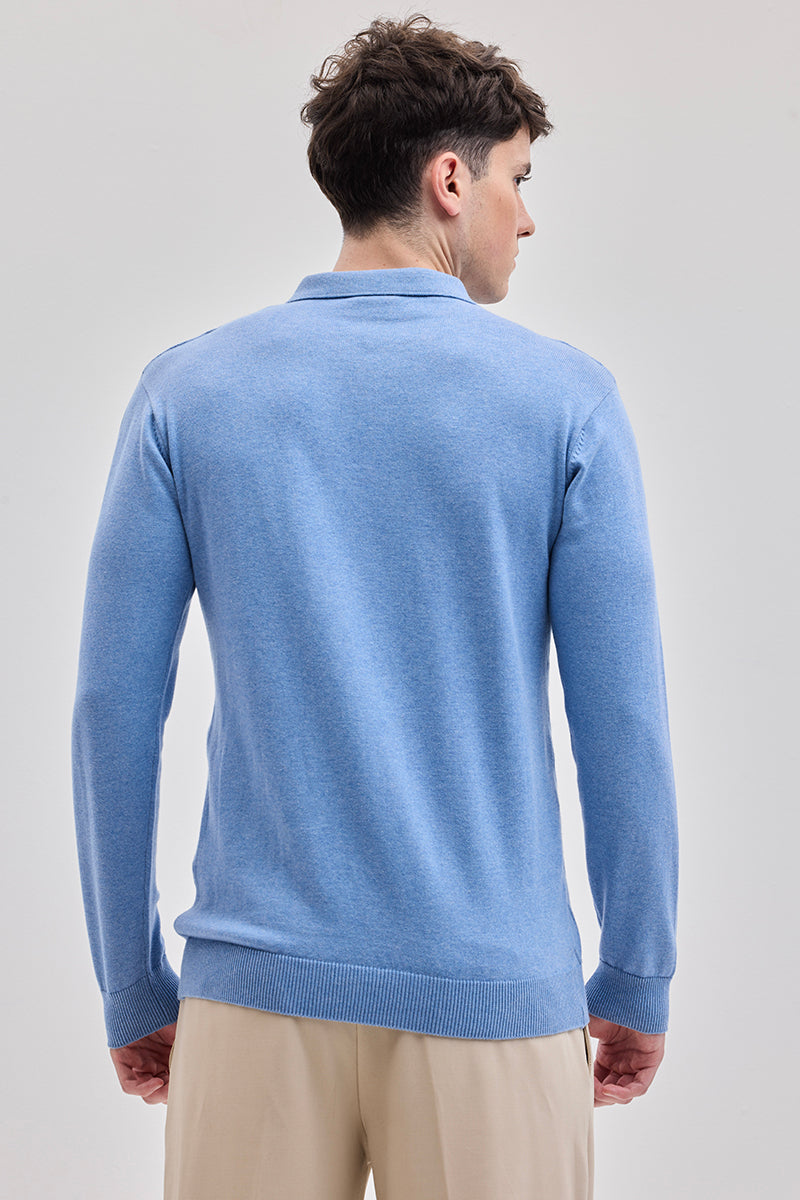 Light Blue Zipper Knitted Polo T-Shirt