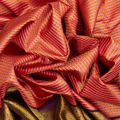 Peach Handloom Kanchipuram Korvai Silk Saree With Zari Checks & Motifs