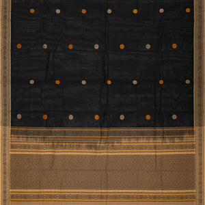 Black Handloom Kanchi Cotton Saree With Floral Buttas & Taupe Border
