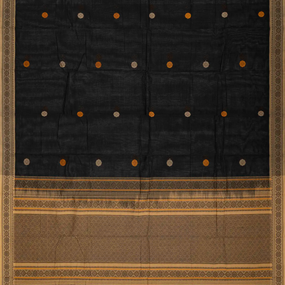Black Handloom Kanchi Cotton Saree With Floral Buttas & Taupe Border